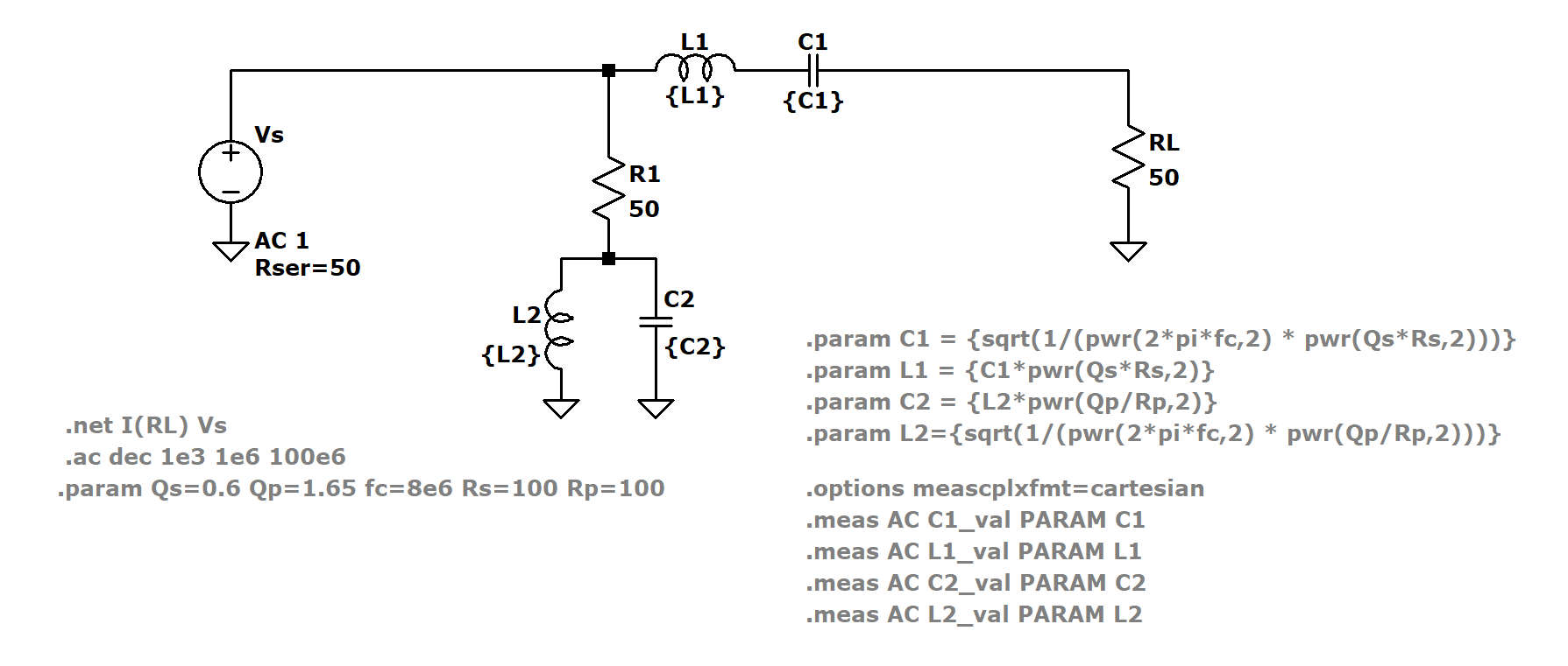 LTspice parameterized diplexer circuit