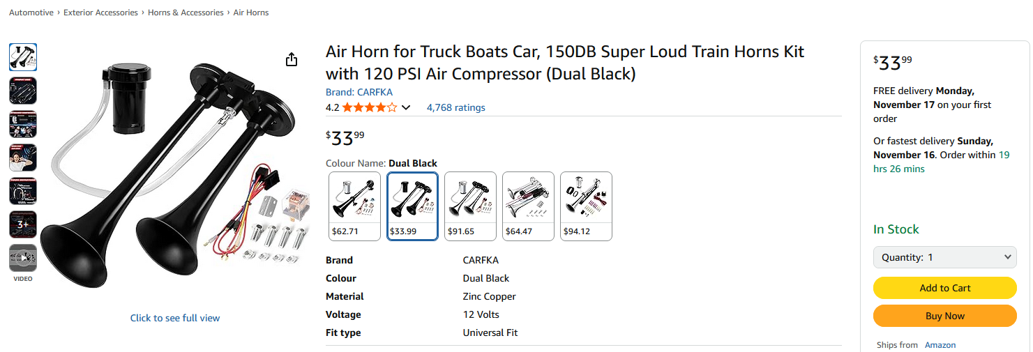 Air horn Amazon page