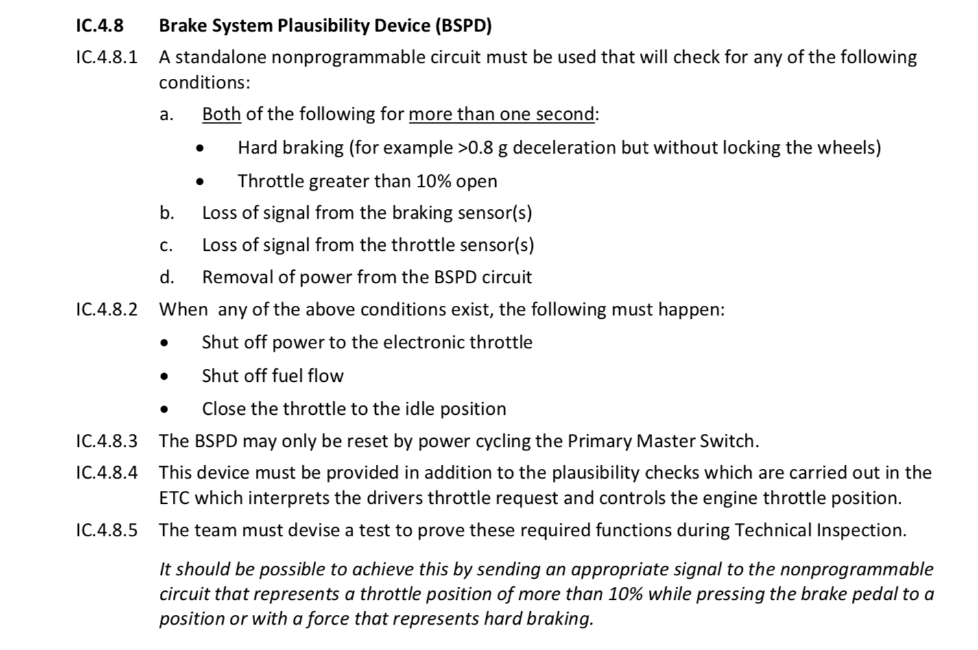 BSPD Circuit Specifications