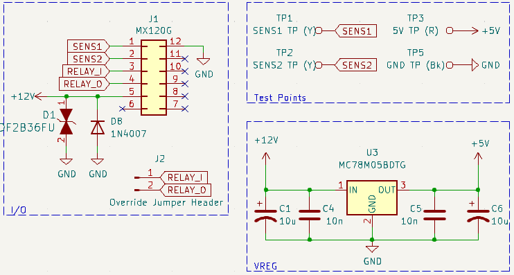 Connector, voltage regulation, and test point circuitry