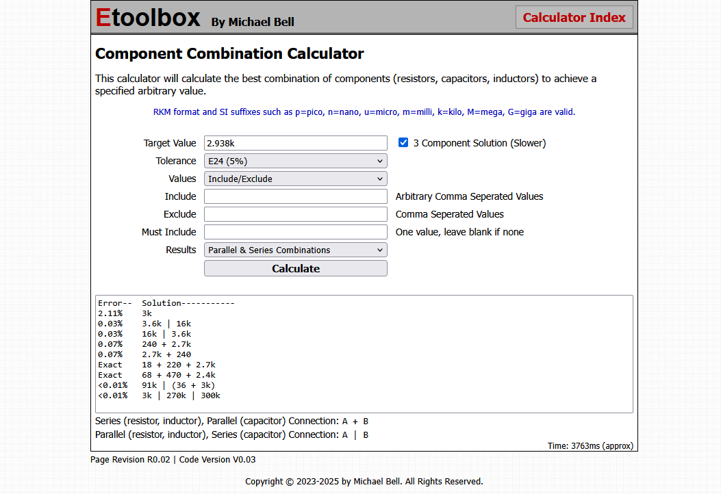 First component combination calculator page