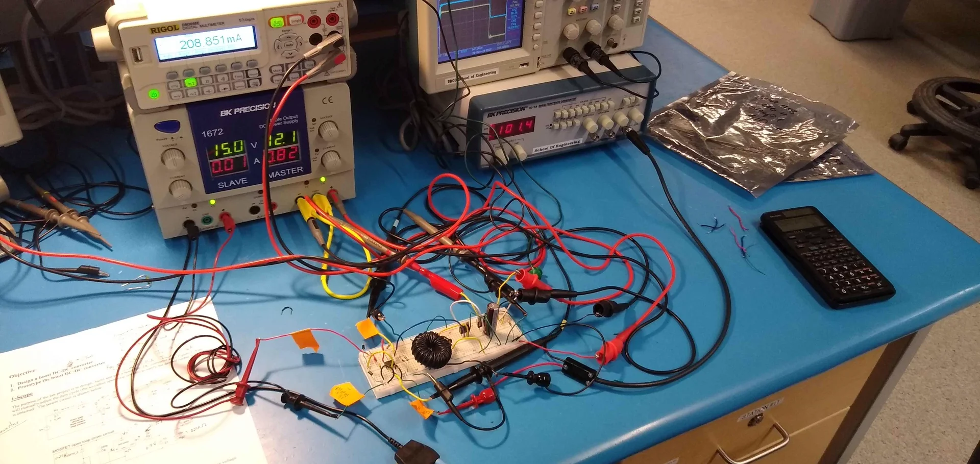 Boost converter breadboard circuit powered