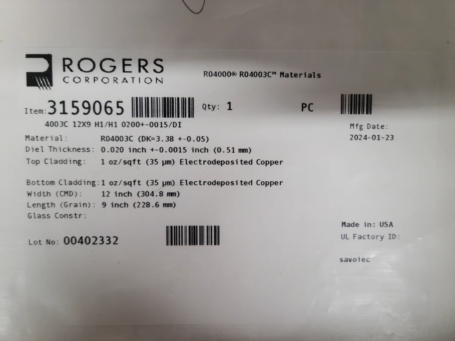 Rogers RO4003C Substrate Specs